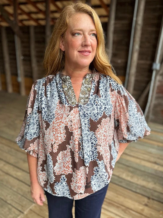 Brown Mix Printed Long Sleeve Top