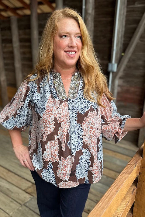 Brown Mix Printed Long Sleeve Top