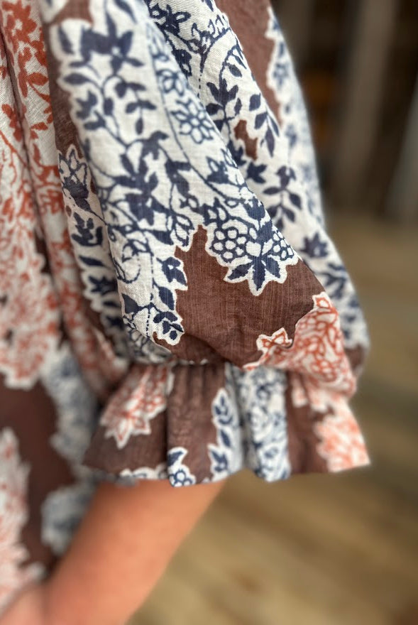 Brown Mix Printed Long Sleeve Top