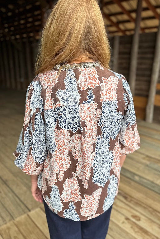 Brown Mix Printed Long Sleeve Top