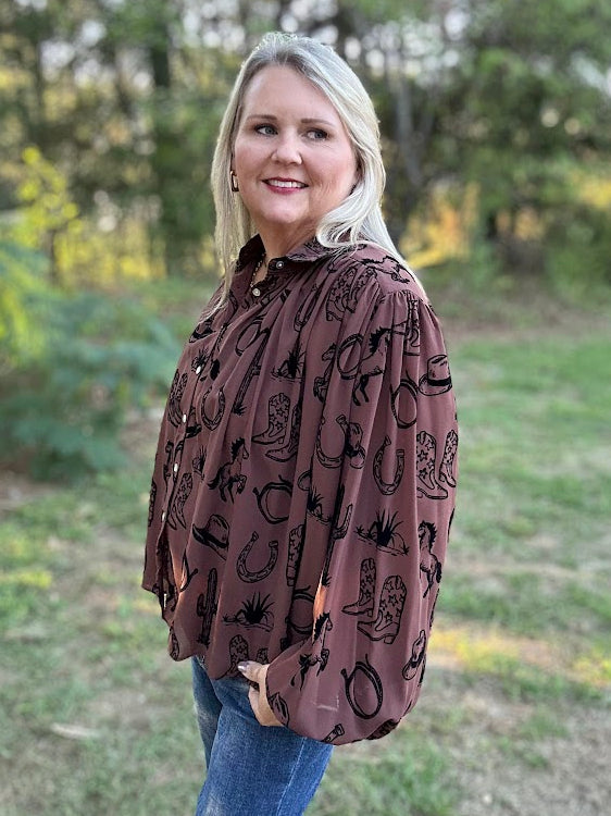 Brown Western Print Button Front Blouse