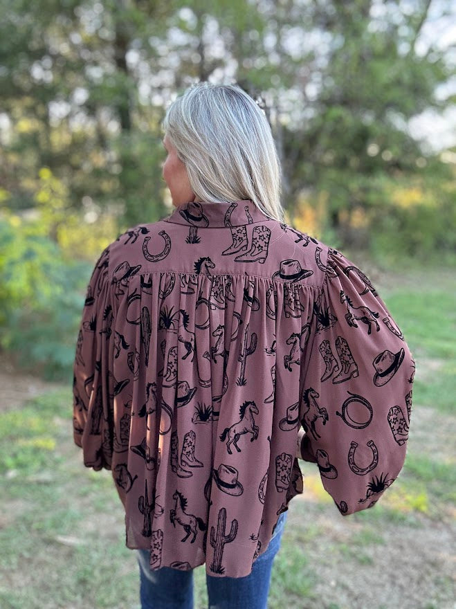 Brown Western Print Button Front Blouse