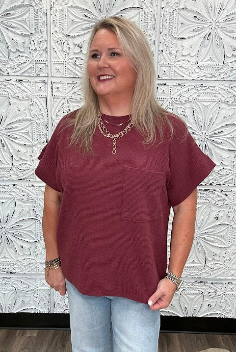 Burgundy Knit Top with Pocket