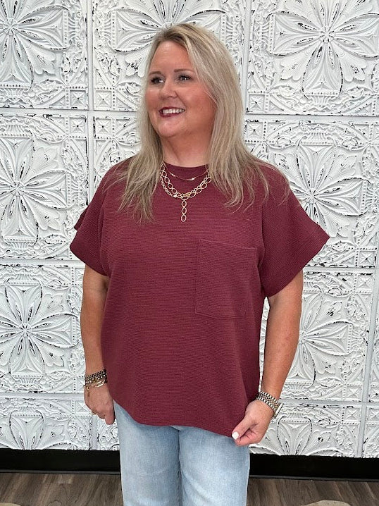 Burgundy Knit Top with Pocket