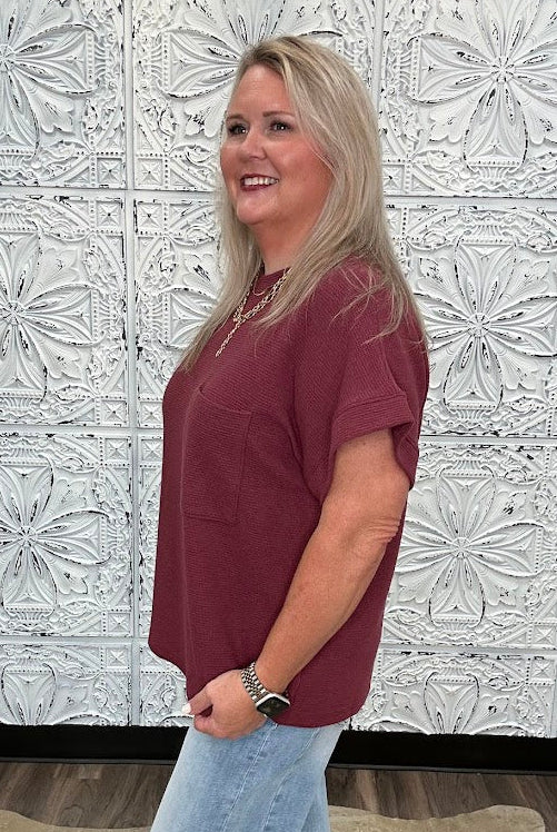 Burgundy Knit Top with Pocket