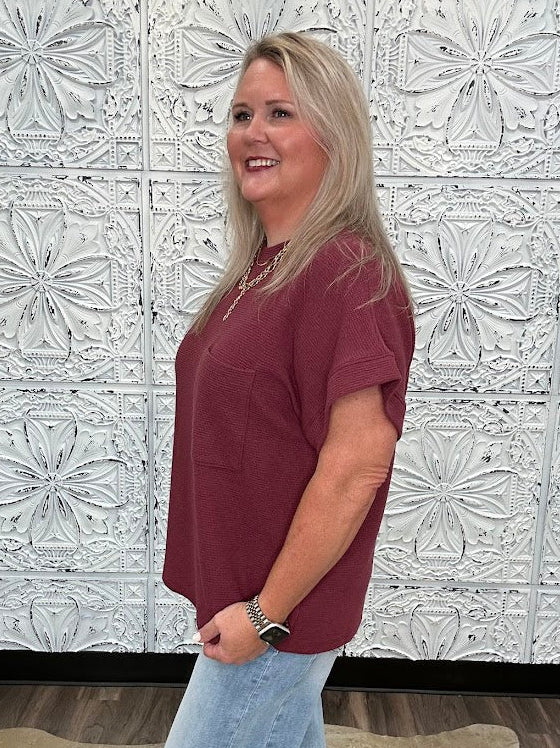 Burgundy Knit Top with Pocket