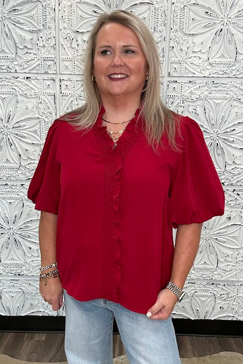 Burgundy Ruffle Trim Bubble Sleeve Blouse