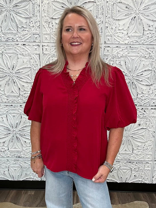 Burgundy Ruffle Trim Bubble Sleeve Blouse