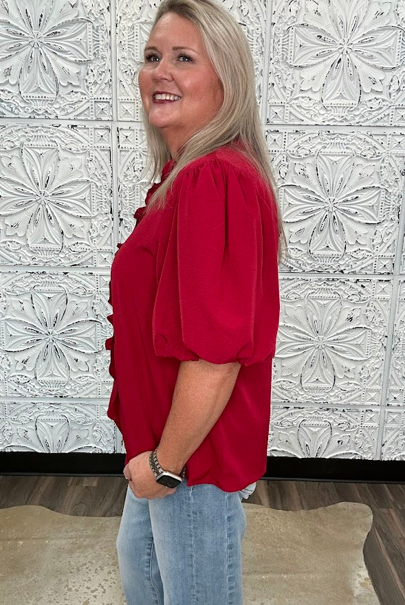 Burgundy Ruffle Trim Bubble Sleeve Blouse