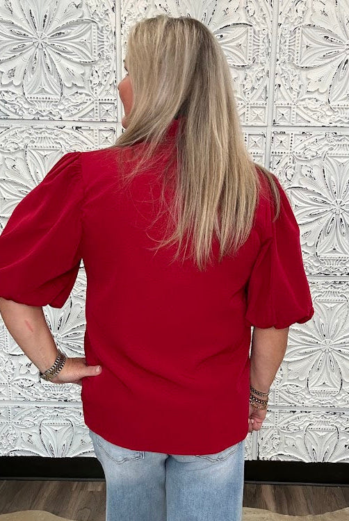 Burgundy Ruffle Trim Bubble Sleeve Blouse