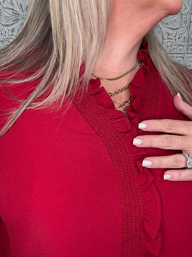 Burgundy Ruffle Trim Bubble Sleeve Blouse