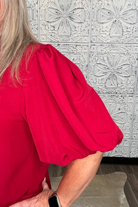 Burgundy Ruffle Trim Bubble Sleeve Blouse