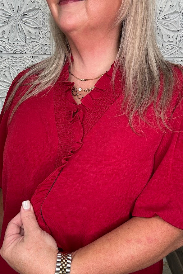Burgundy Ruffle Trim Bubble Sleeve Blouse