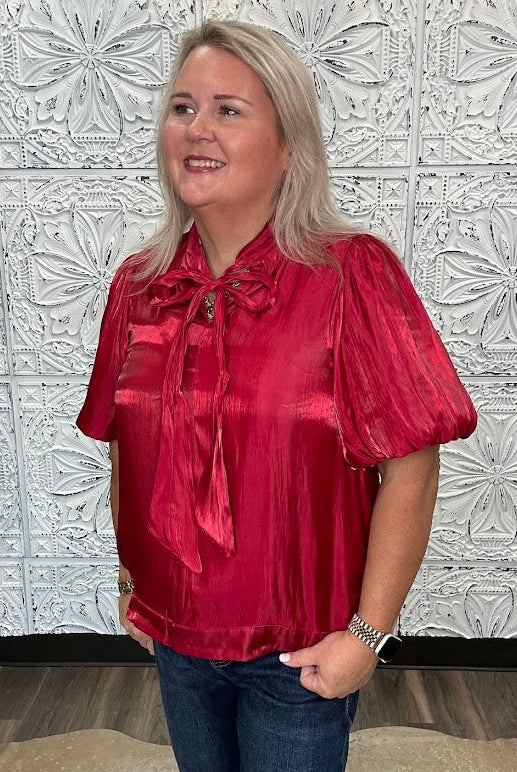 Burgundy Satin Bow Neck Blouse