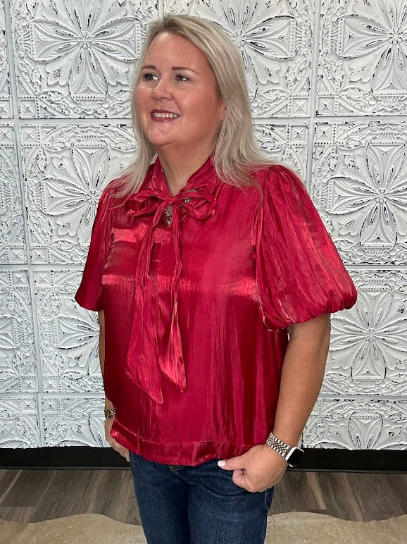 Burgundy Satin Bow Neck Blouse