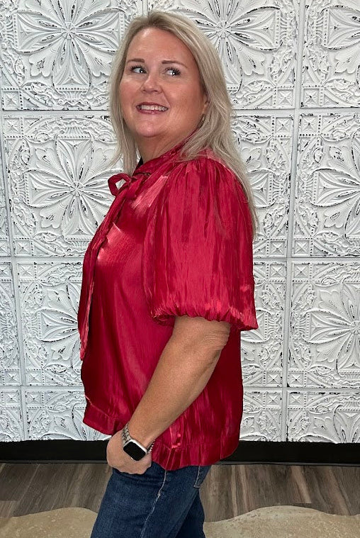 Burgundy Satin Bow Neck Blouse