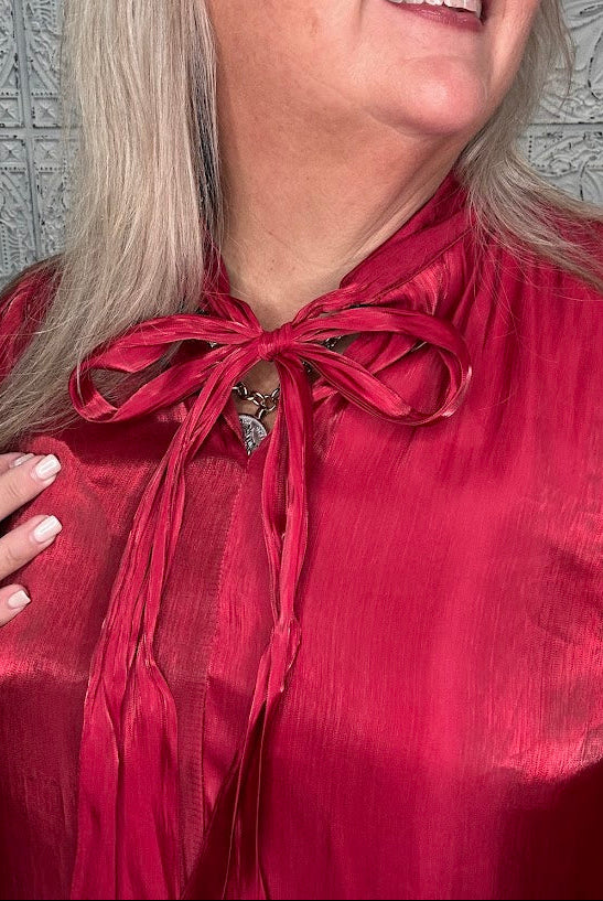 Burgundy Satin Bow Neck Blouse