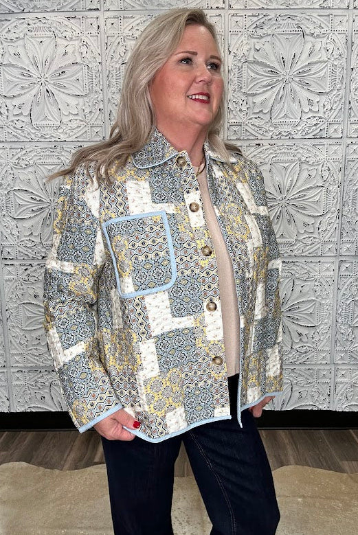 Butter Cornflower Mixed Patchwork Button Down Jacket