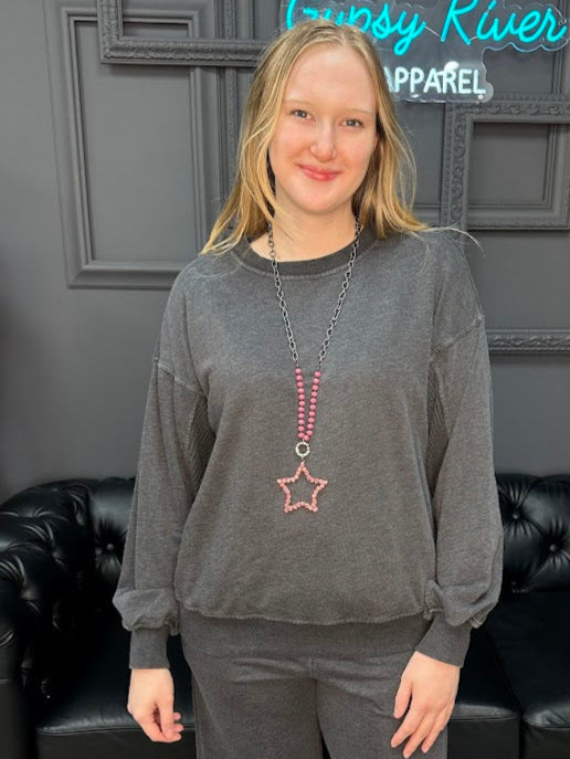 Gypsy River Apparel – Women’s charcoal gray long sleeve lounge top with crew neckline and relaxed fit, soft knit pullover for casual everyday wear.