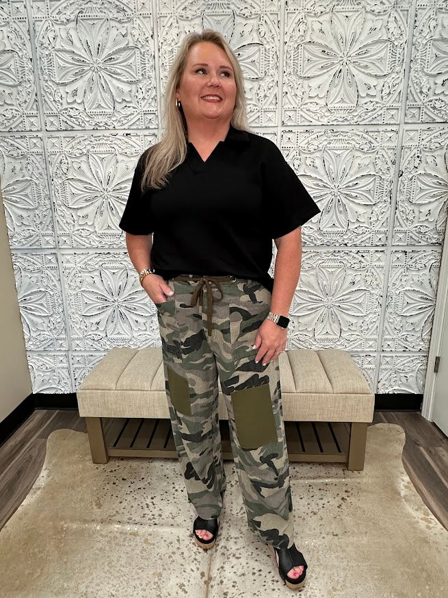 Camo Print Drawstring Barrel Pants with Patch Detail