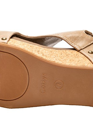 Corkys wedges, taupe wedge sandals, comfortable wedge shoes, women’s cork wedges, Carley wedge Corkys, everyday wedge sandal