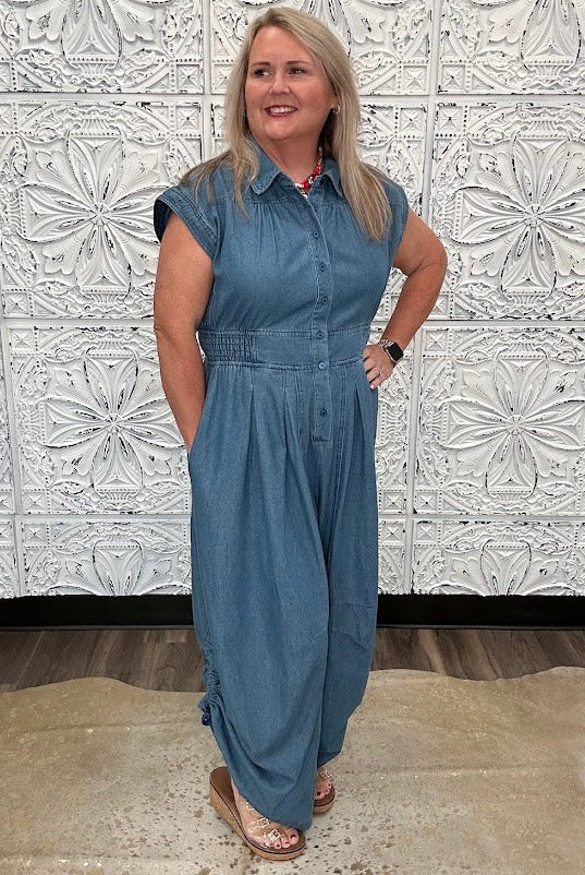Chambray Wide Leg Button Front Jumpsuit