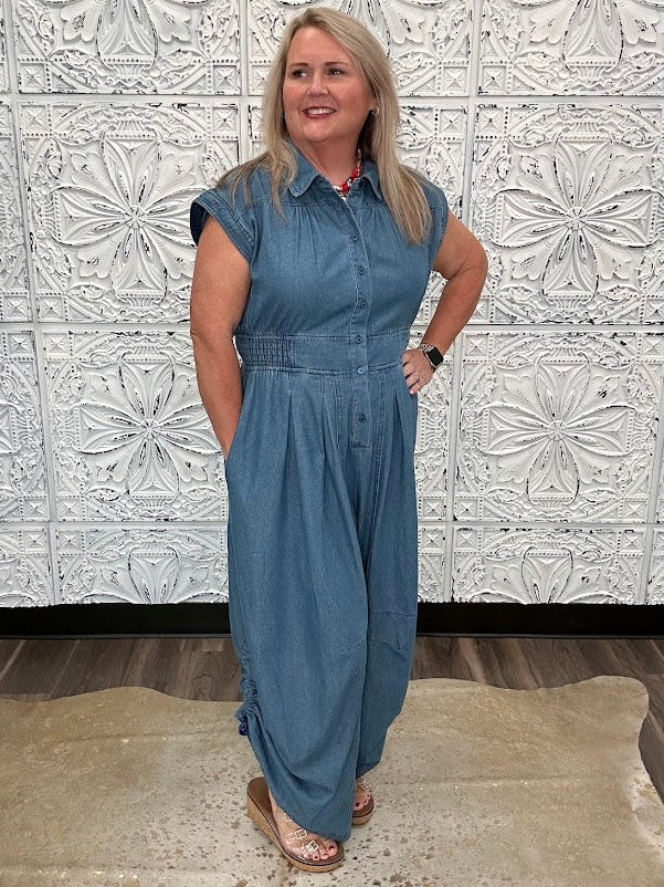 Chambray Wide Leg Button Front Jumpsuit