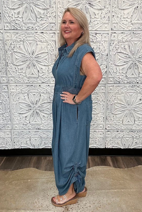 Chambray Wide Leg Button Front Jumpsuit
