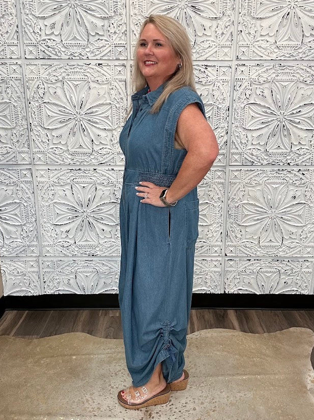 Chambray Wide Leg Button Front Jumpsuit