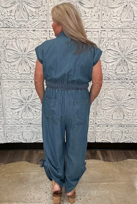Chambray Wide Leg Button Front Jumpsuit
