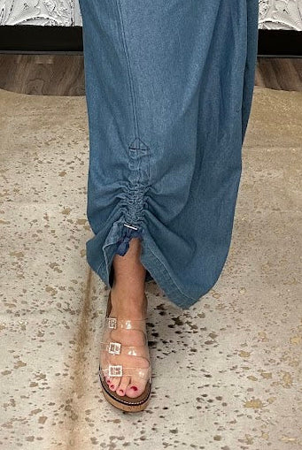 Chambray Wide Leg Button Front Jumpsuit