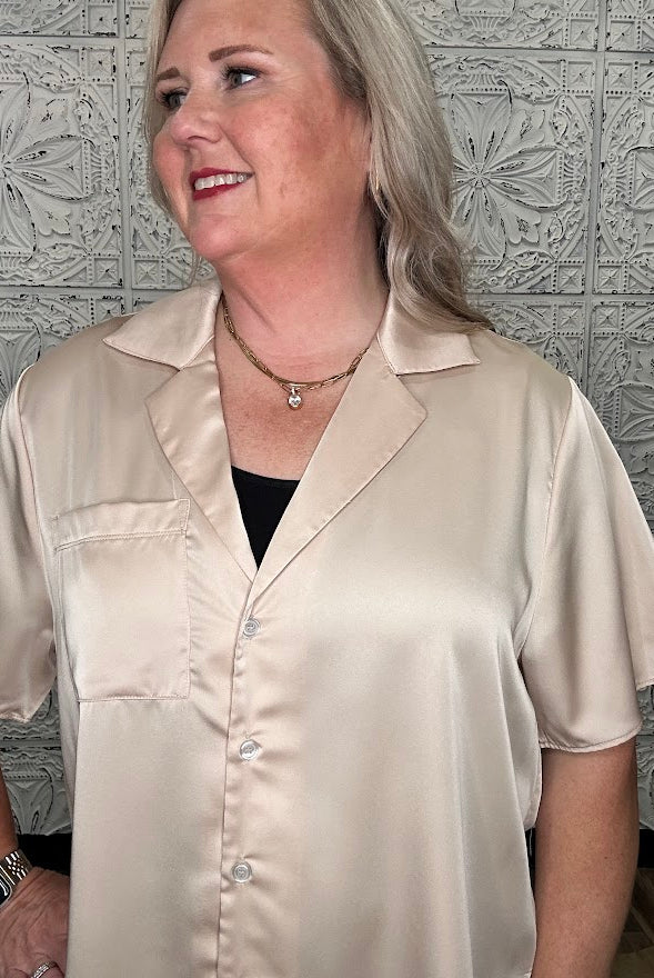 Champagne Satin Short Sleeve Button Down Top