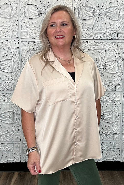 Champagne Satin Short Sleeve Button Down Top