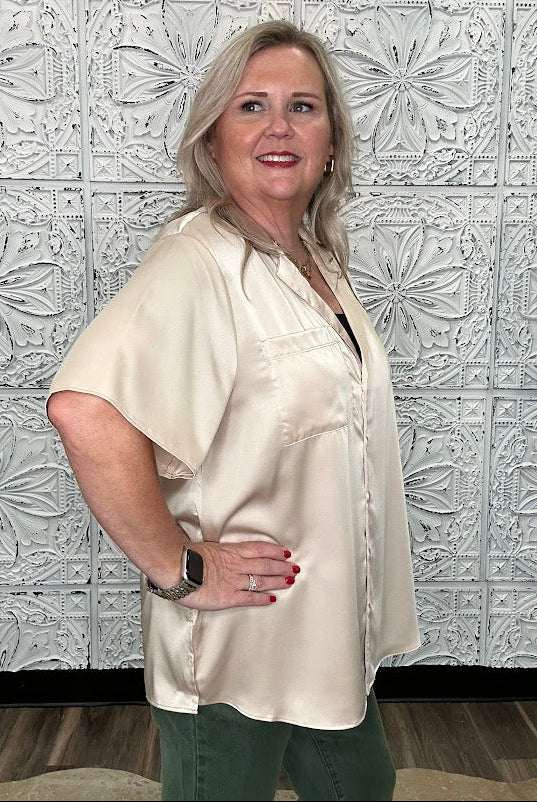 Champagne Satin Short Sleeve Button Down Top