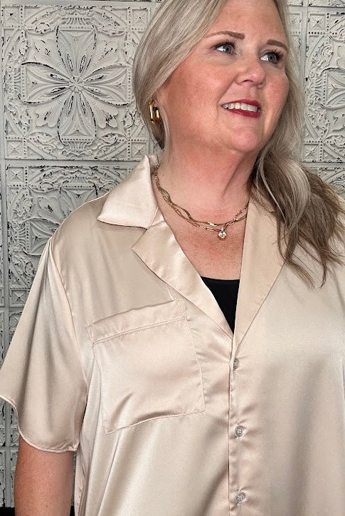 Champagne Satin Short Sleeve Button Down Top