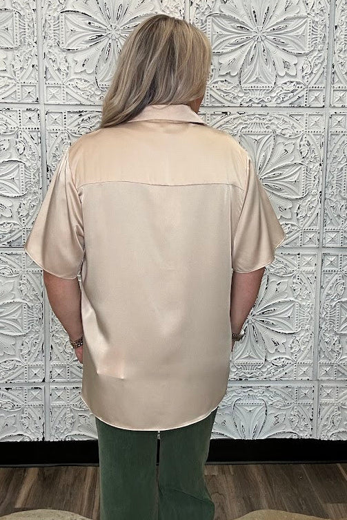 Champagne Satin Short Sleeve Button Down Top