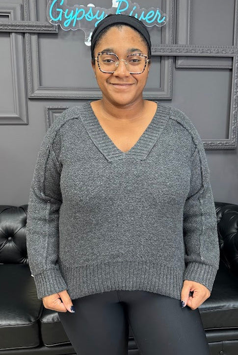 v-neck sweater, charcoal sweater, ribbed knit sweater, cozy fall sweater, casual pullover, boutique knitwear, women’s sweaters, relaxed fit top, soft knit pullover, everyday fall outfit