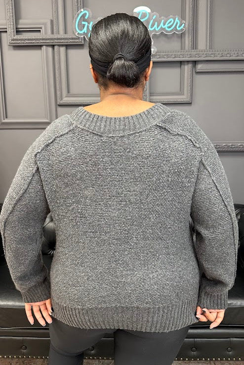 v-neck sweater, charcoal sweater, ribbed knit sweater, cozy fall sweater, casual pullover, boutique knitwear, women’s sweaters, relaxed fit top, soft knit pullover, everyday fall outfit