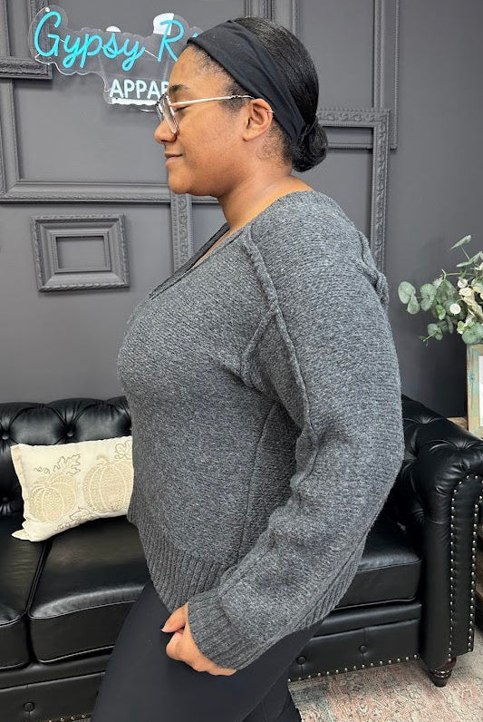 v-neck sweater, charcoal sweater, ribbed knit sweater, cozy fall sweater, casual pullover, boutique knitwear, women’s sweaters, relaxed fit top, soft knit pullover, everyday fall outfit