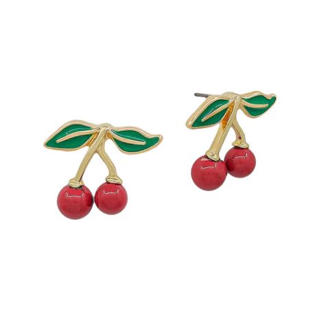 Cherry-themed earrings with red berries, green leaves, and gold stems on a white background.