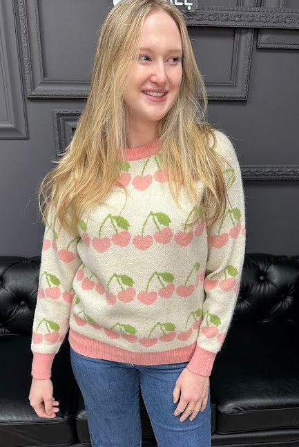 Valentine sweater, cherry sweater, heart pattern sweater, women’s novelty sweater, cute Valentine top, boutique sweaters, Gypsy River Apparel