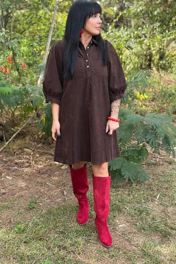 Chocolate Brown Corduroy Ruffle Collar Mini Dress
