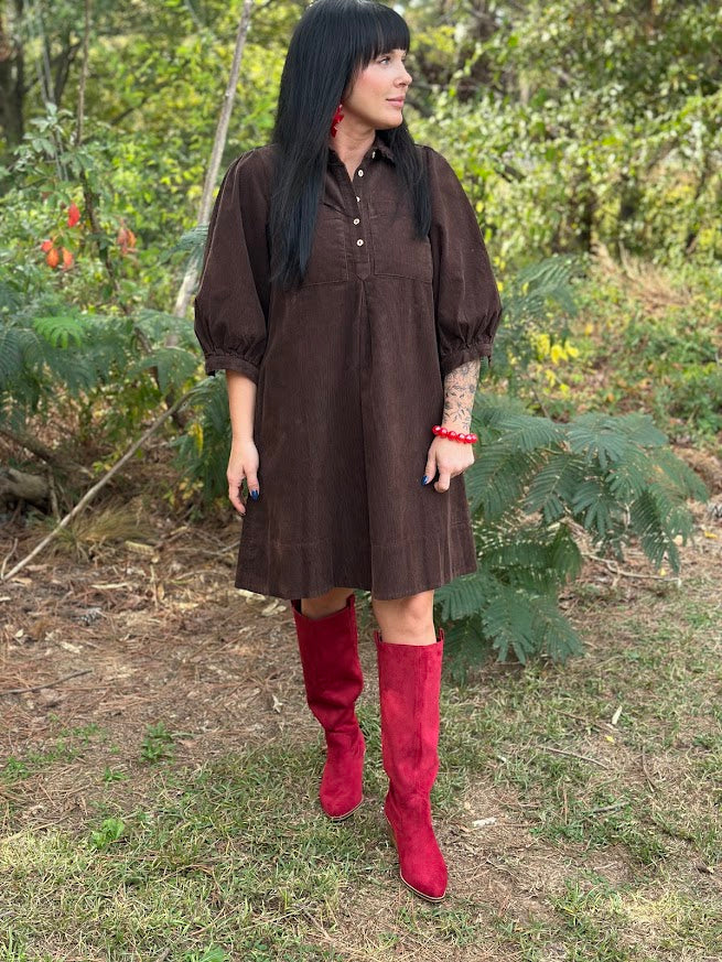 Chocolate Brown Corduroy Ruffle Collar Mini Dress