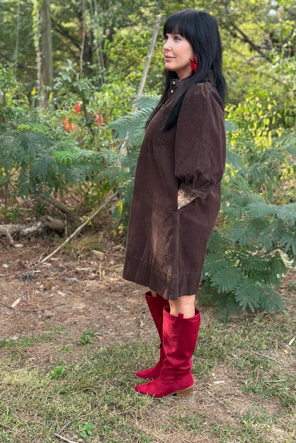 Chocolate Brown Corduroy Ruffle Collar Mini Dress