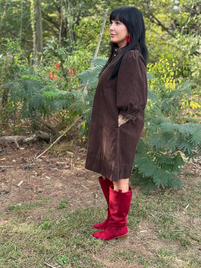 Chocolate Brown Corduroy Ruffle Collar Mini Dress