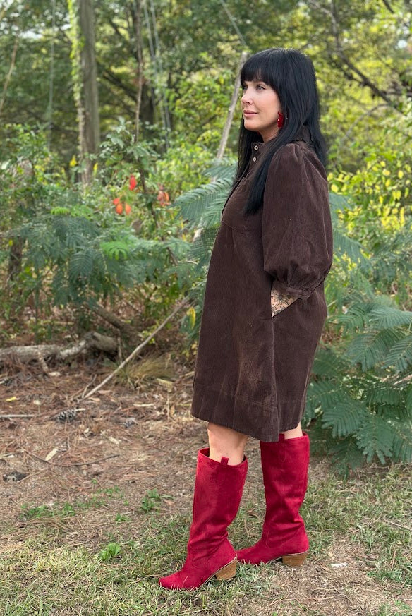 Chocolate Brown Corduroy Ruffle Collar Mini Dress