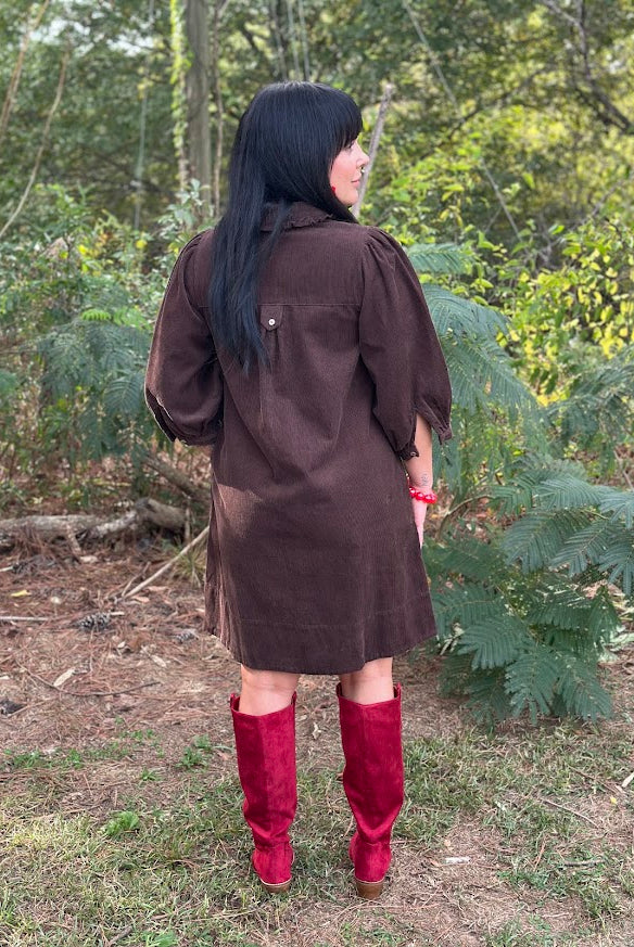 Chocolate Brown Corduroy Ruffle Collar Mini Dress