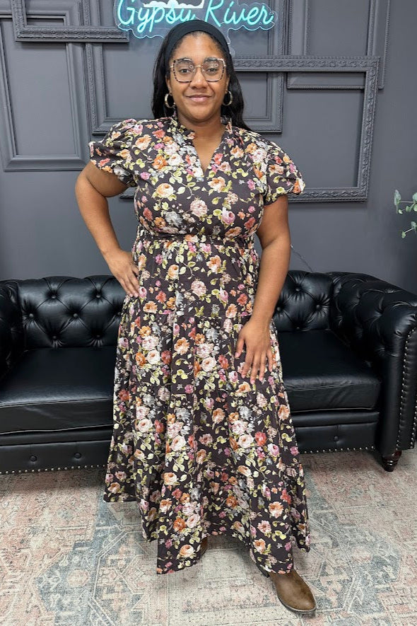 chocolate floral maxi dress layered women's fashion