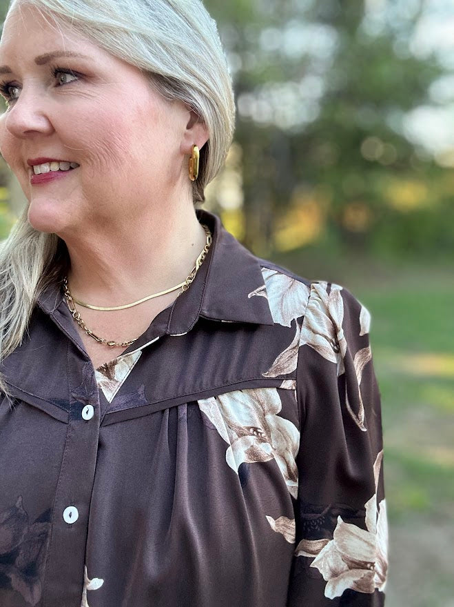 Chocolate Floral Western Collared Button-Up Blouse