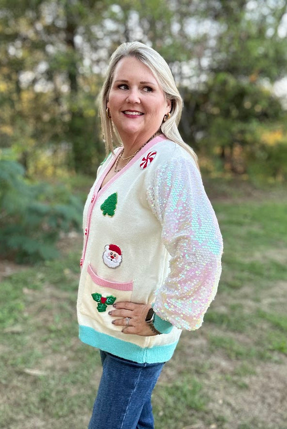 Christmas Applique Sequin Sleeve Button-Down Cardigan